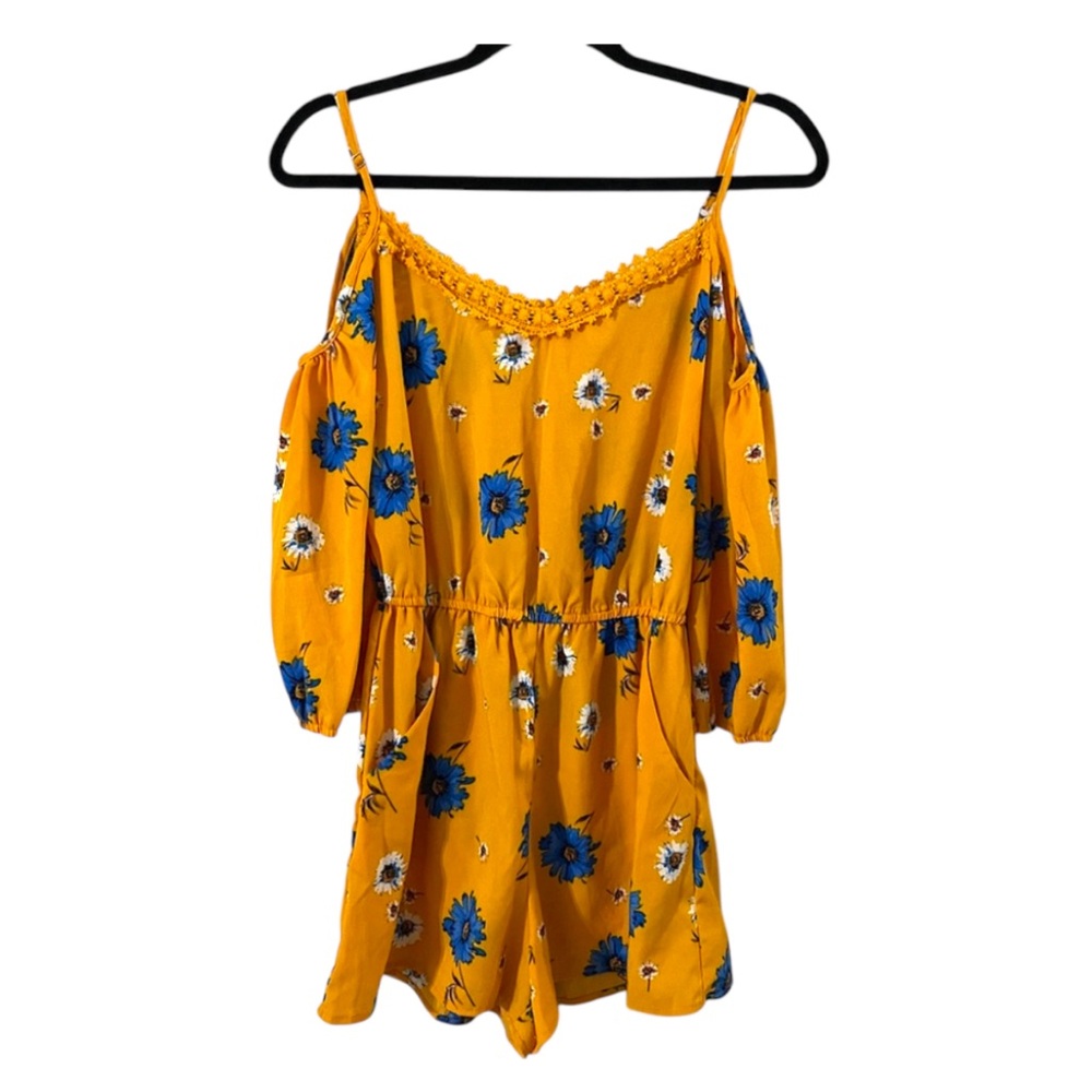 Mine Yellow & Blue Floral Cold Shoulder Romper with Lace Trim Size Small